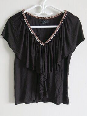T-Bags Los Angeles Black Ruffle V Neck Top Blouse - Size XS